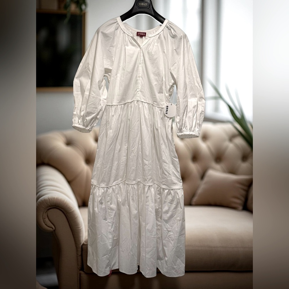 STAUD NWT Stunning White Buttoned Ruffled Bishop Sleeve Maxi Sundress - Picture 3 of 13